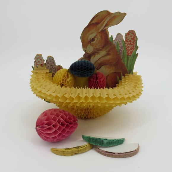 Vintage Easter Bunny Rabbit Basket Eggs Honeycomb Paper Table Decor Made in USA - Picture 7 of 16